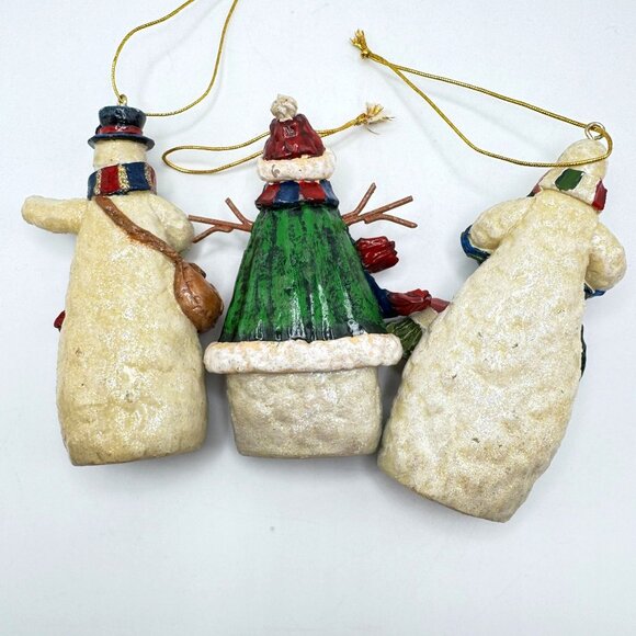 Set Of 3 Hand-Painted Snowman Christmas Ornaments Glitter Accents Hanging String - Picture 3 of 11